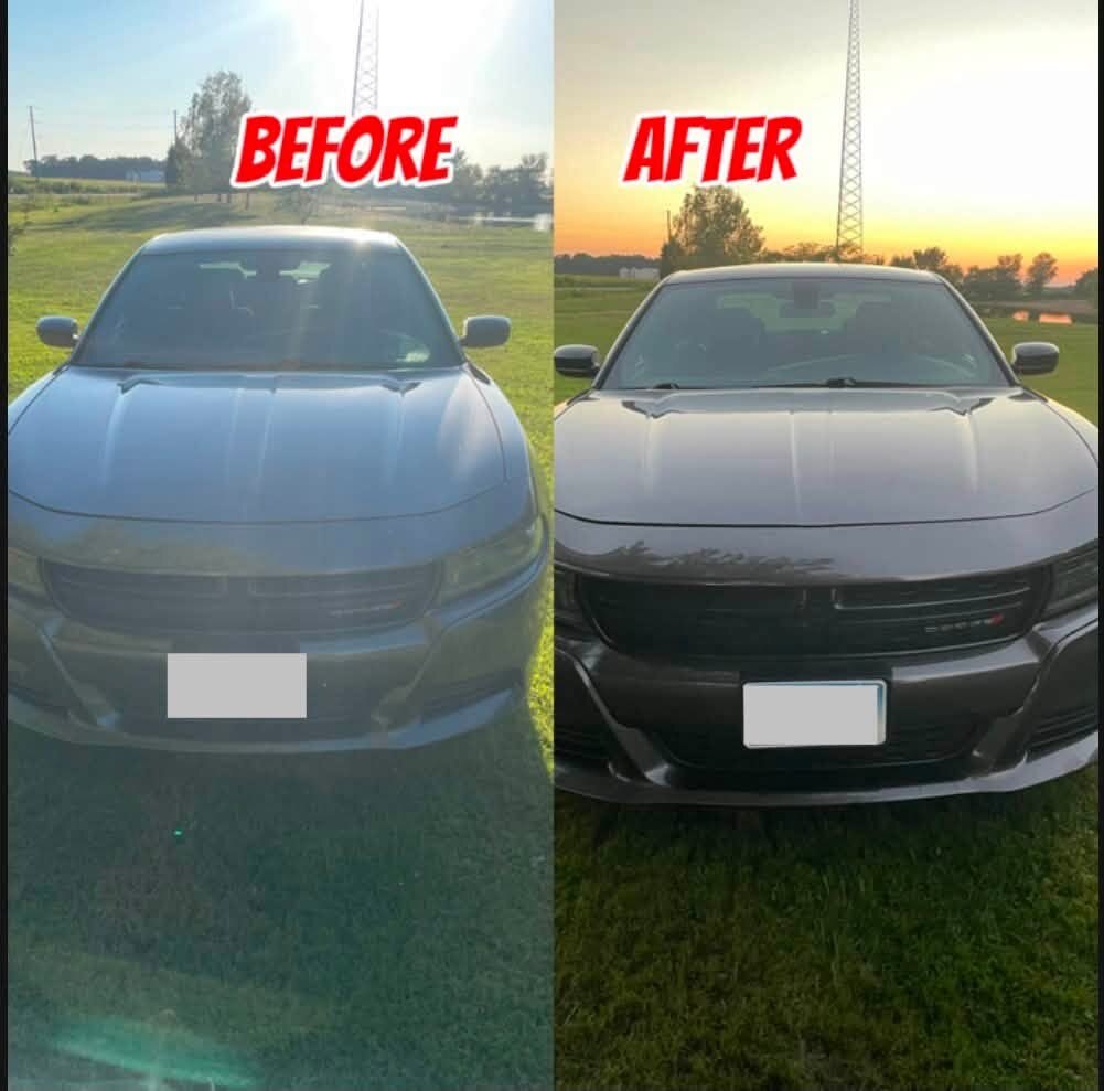 Before and after comparison of a dark grey sedan front end detailed by Aiden's Auto