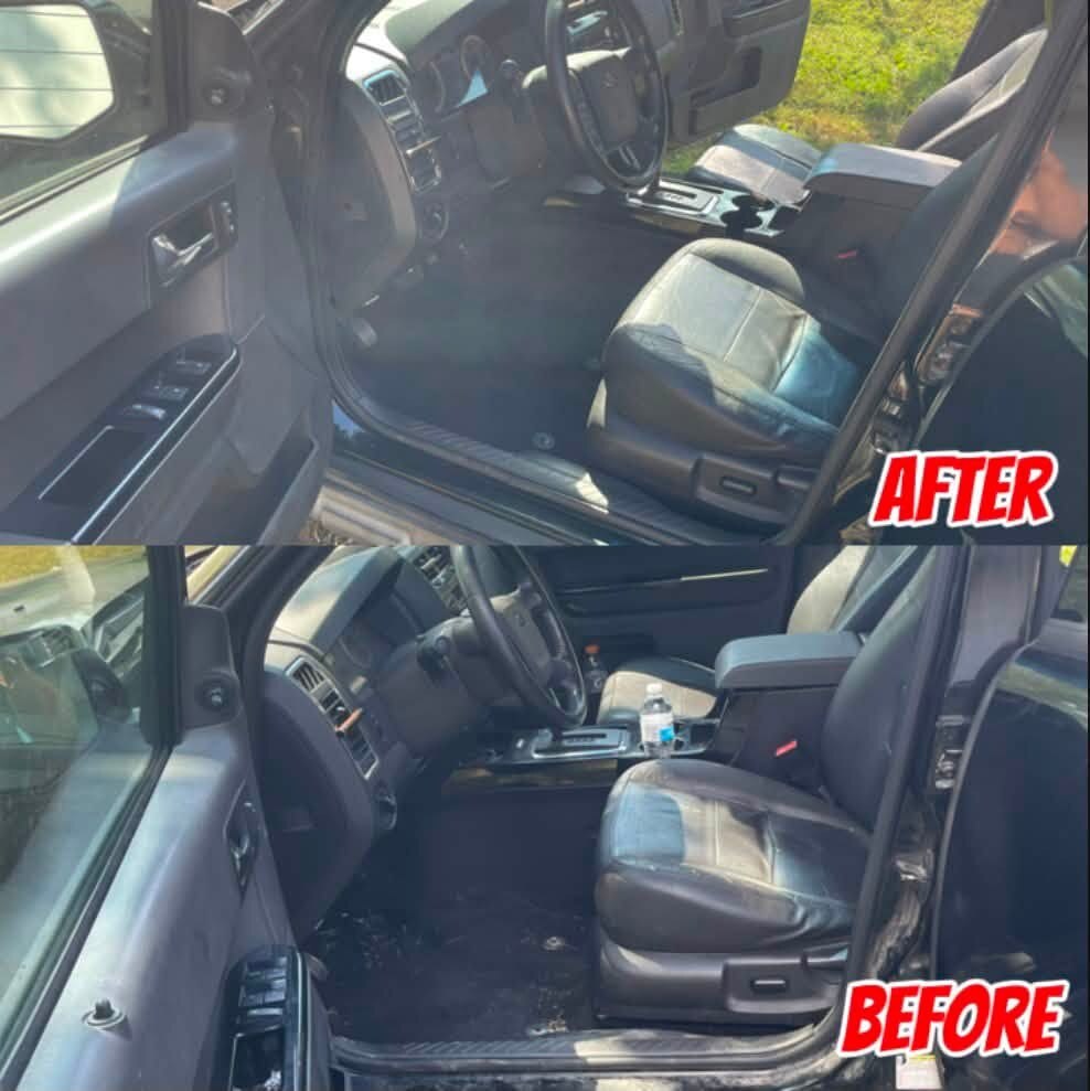 Before and after of a cleaned vehicle interior, driver seat and console